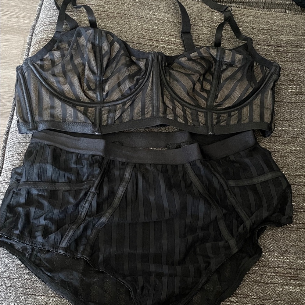 Sheer Black Striped Underwire Bra & High-Waist Brief Set